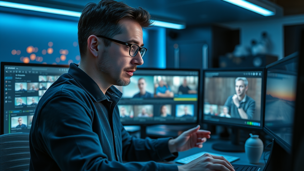 openart’s ai video editing timeline, creator adding AI effects, ultramodern workspace with AI features, blue ambient light