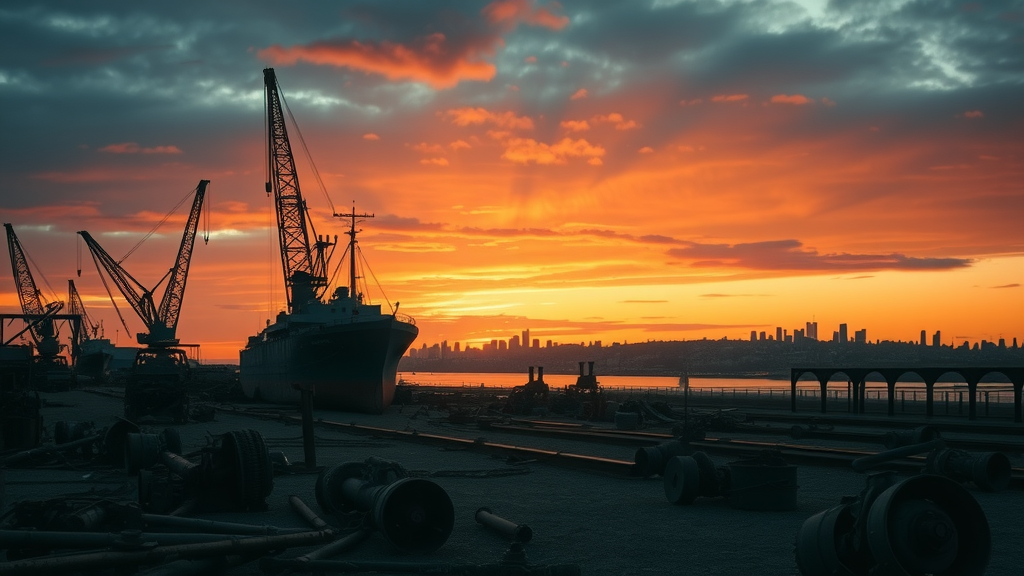 Moody sunset over deserted historic American shipyard, symbolizing U.S. shipbuilding decline