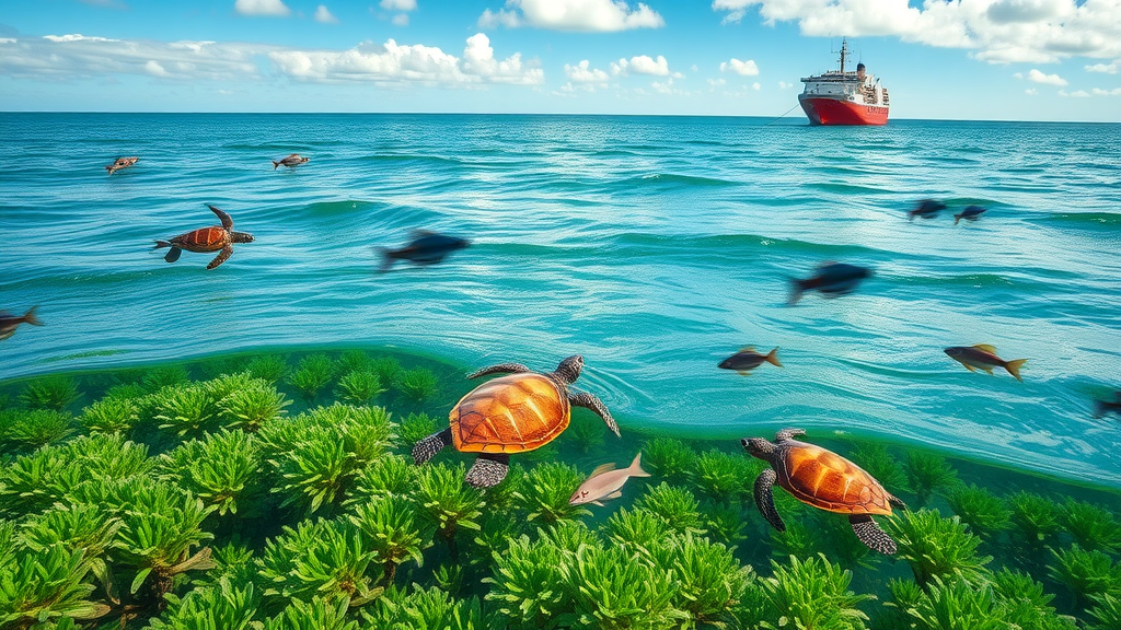 clean ocean coastline with thriving seagrass, healthy marine life including turtles and fish, distant ship at anchor in Pascagoula Shipyard, natural vibrant marine ecosystem