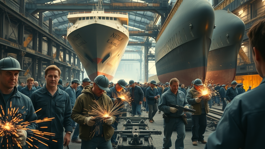 bustling shipyard workforce interior, men and women welding, assembling hulls at ingalls shipbuilding corp on Gulf Coast