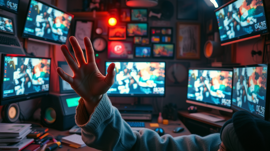 Digital creator using AR/VR technology in a vibrant, high-tech studio, creating immersive video projects—a symbol of visual storytelling reinvented by the video future.