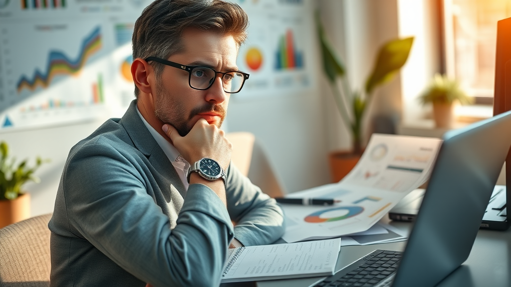 a thoughtful person analyzing data, contemplating, sitting at a desk filled with charts, photorealistic high fidelity lifelike, modern office environment, highly detailed, dynamic graphs, vibrant colors, natural lighting, shot with a macro lens.