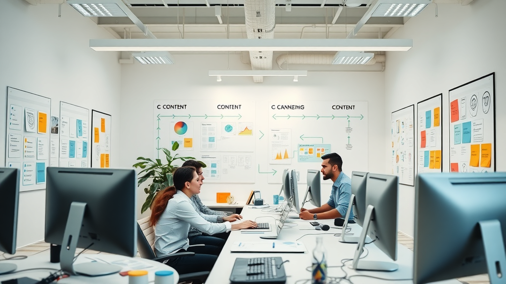 team following content creation process with generative ai tools in a bright collaborative office