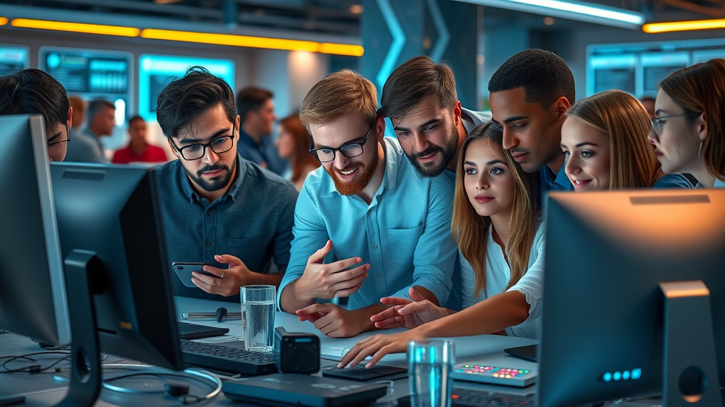 A diverse group of people gathered around a computer, exploring online resources.