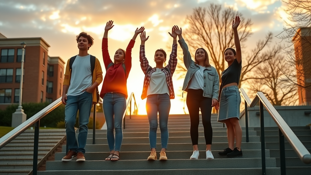 Empowering foster youth looking toward a bright future at sunrise on college campus steps