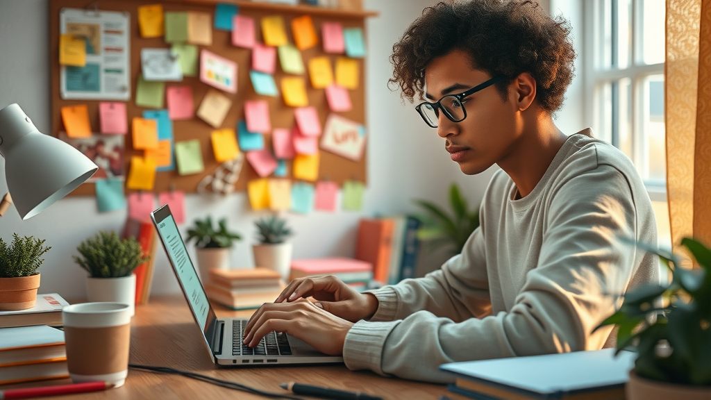 a creative writer brainstorming, inspired, typing on a laptop, 2d cartoon, cozy home office, highly detailed, vibrant ideas, pastel colors, warm lighting, shot with a fisheye lens.