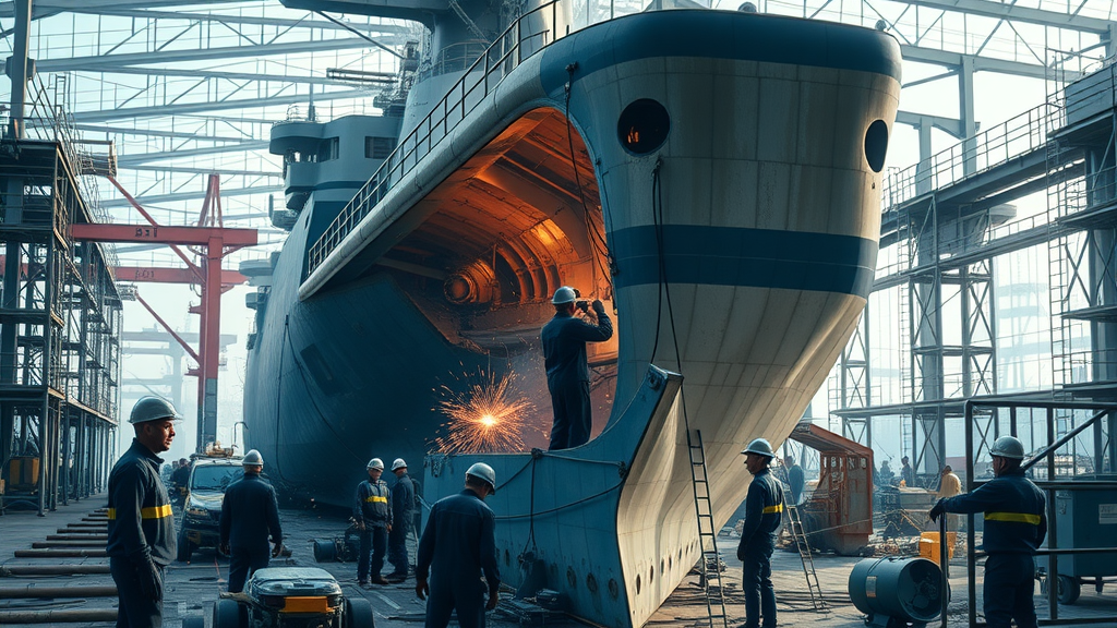 Modern shipyard with skilled shipbuilders constructing ddg-129 hull, Ingalls Shipbuilding division in action