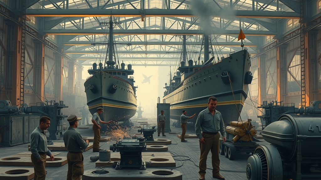 historical shipyard Pascagoula vintage WWII workers constructing naval vessels sparks rivets machinery
