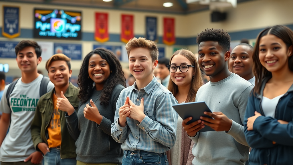 enthusiastic diverse high school students presenting AI-powered science fair projects at Moss Point High School in Mississippi