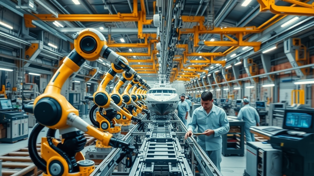 Cutting-edge shipyard production line at Ingalls Industries, robotic arms working with shipyard staff, digital monitors, futuristic assembly of ship parts, smart manufacturing and digital transformation at Pascagoula Shipyard