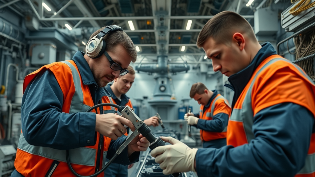 engineers and technicians installing advanced missile defense systems aboard a Flight III destroyer at Pascagoula, focused on guided missile and combat system technology