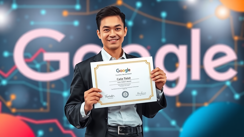 Young professional holding certificate from Google with digital AI backdrop, symbolizing AI essential achievement.