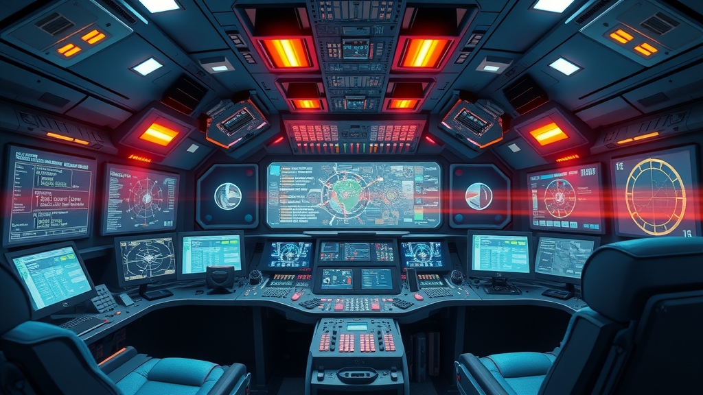 Cutaway illustration of Flight III electronic and radar systems onboard USS Sam Nunn (DDG‑133), digital command room, glowing LED panels and radar screens, futuristic design