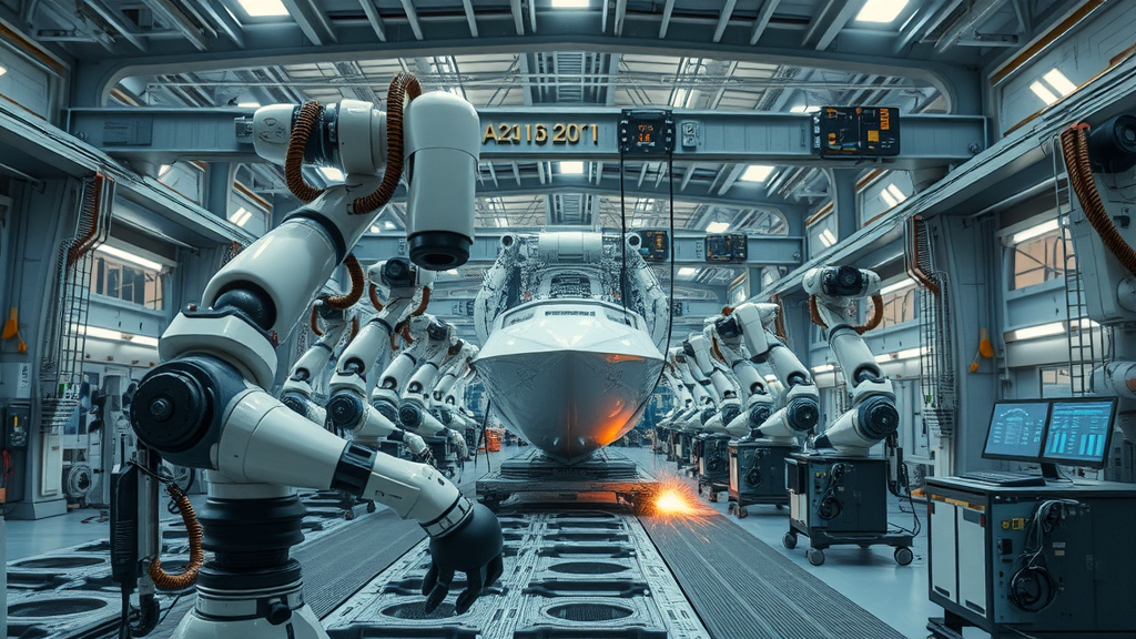 Cutting-edge shipyard robotics at Pascagoula shipyards, robotic arms assembling modules, efficient workers, futuristic shipyard, highly detailed, metallic tones