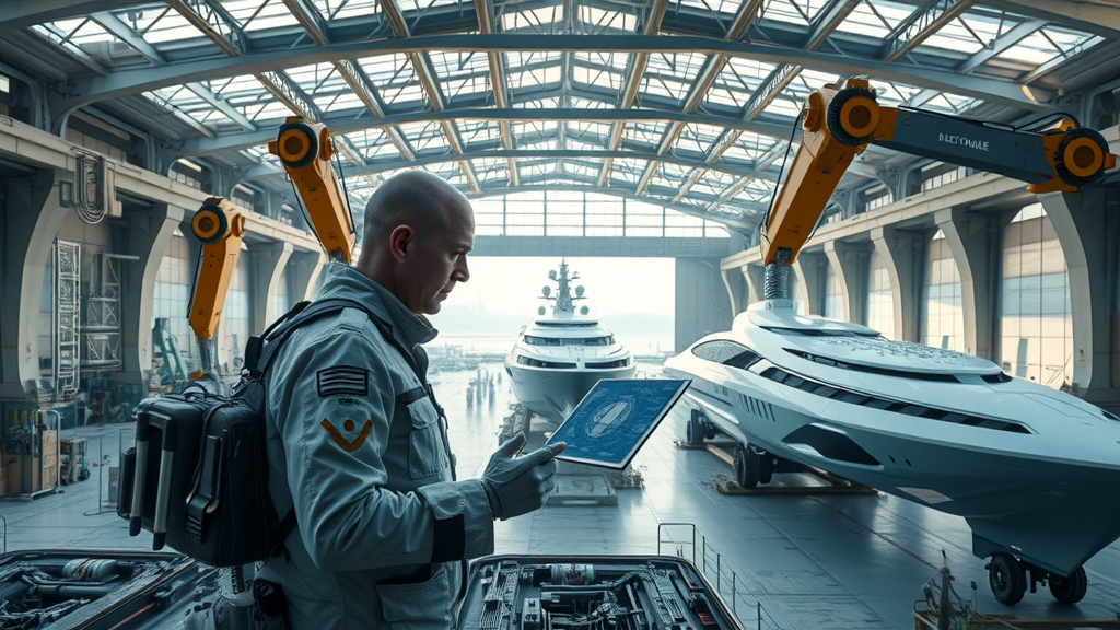 shipbuilding ai futuristic shipyard with engineers and robotic arms analyzing digital blueprints