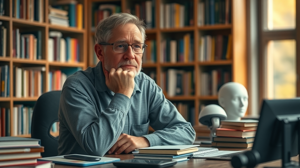 Thoughtful community college professor reflecting on AI innovation surrounded by technology books in Mississippi