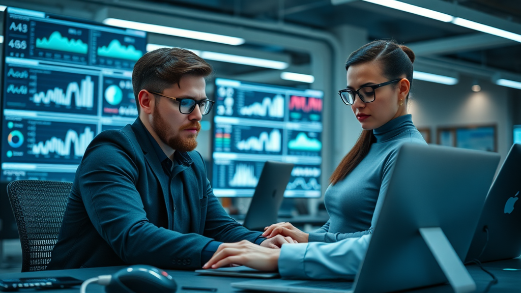 innovative B2B workspace using generative ai tools for content marketing, digital displays showing content market metrics