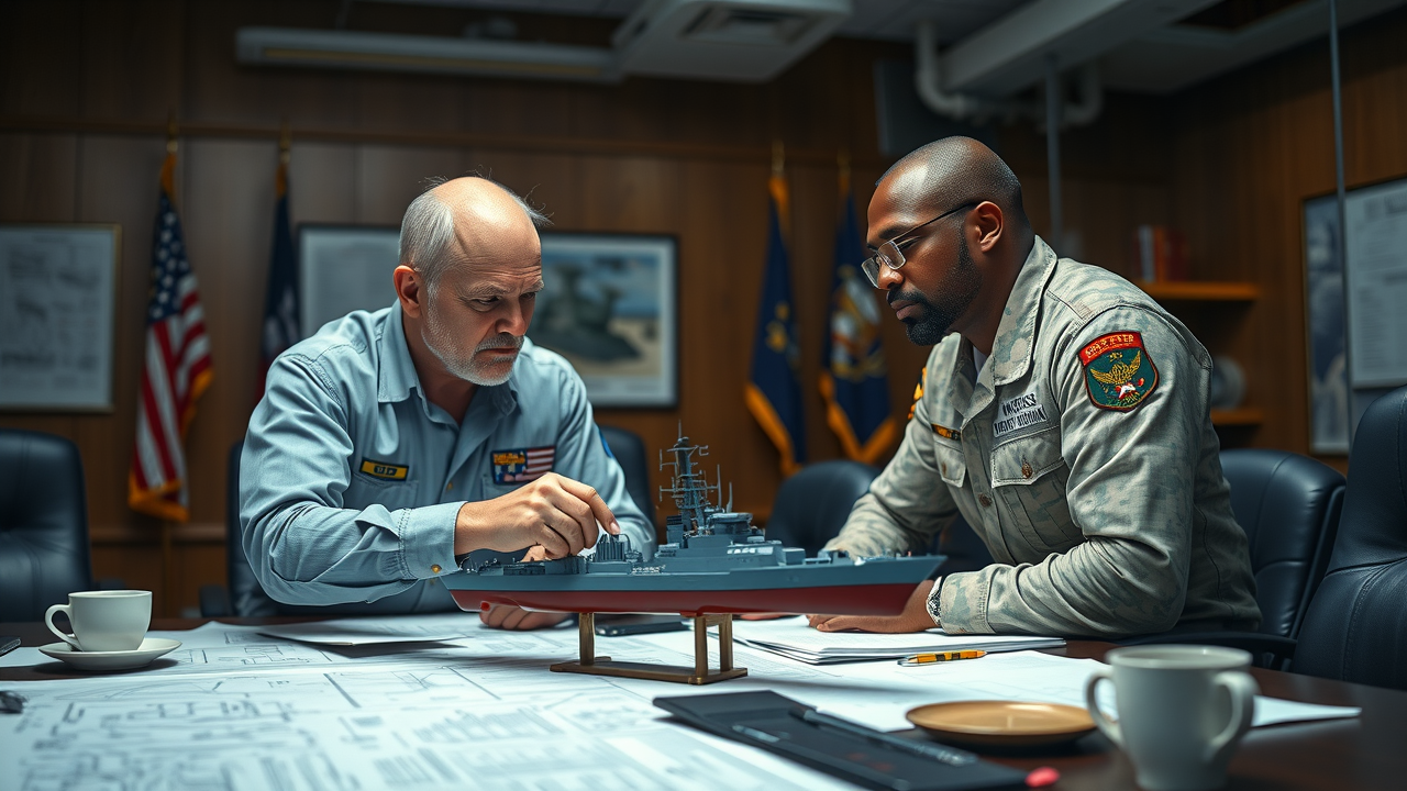 determined shipbuilders military leaders collaborating on missile defense blueprints Ingalls Shipbuilding conference room