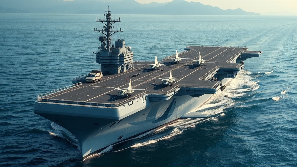 futuristic USS John F. Kennedy (CVN-79) at sea, Ford class aircraft carrier, United States Navy, advanced aircraft, radar domes