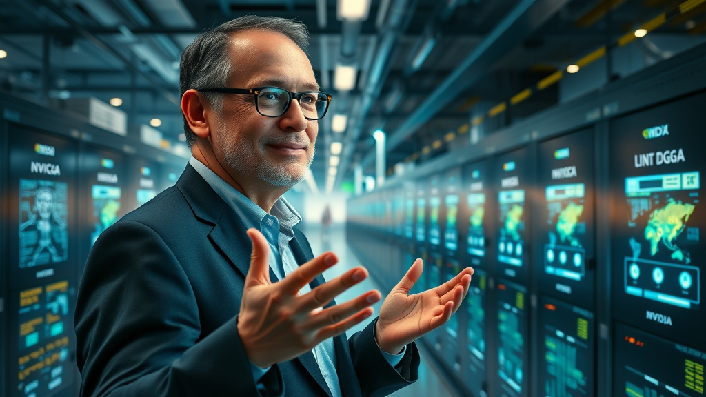 visionary business leader looking over an illuminated AI data center filled with NVIDIA DGX systems, expression of satisfaction, hands gesturing toward the technology, cinematic, city skyline and digital maps in the background, highly detailed, dynamic light reflections on technology surfaces, cool corporate palette, spotlighting, telephoto lens