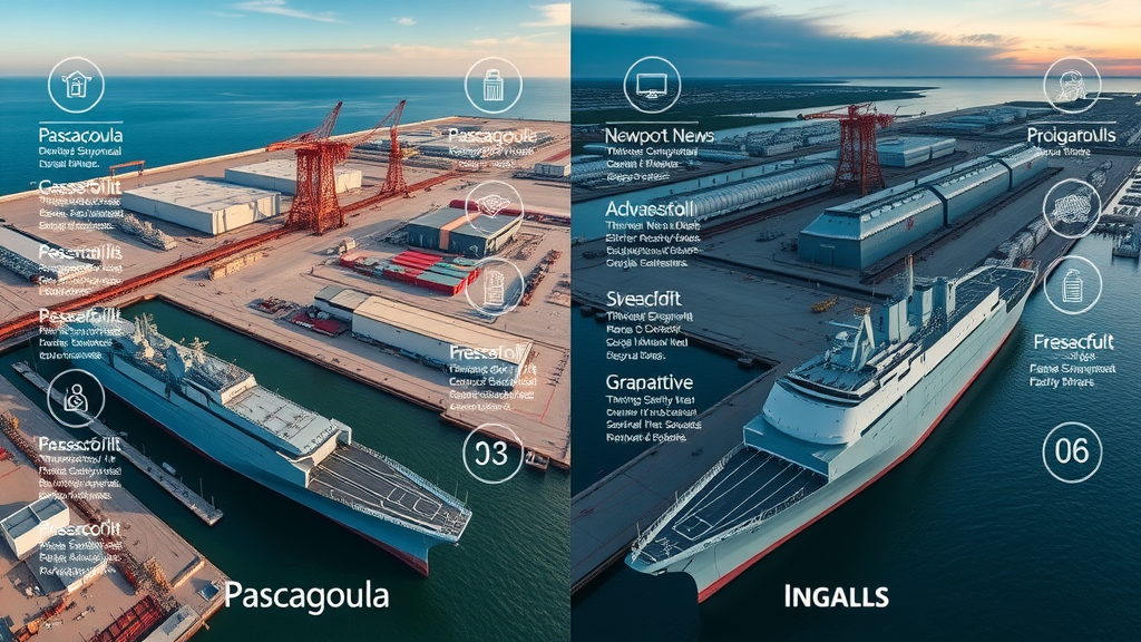 Side-by-side visual comparison of Pascagoula, Newport News, and Ingalls shipyards highlighting digital interface features and shipbuilding techniques, managing digital transformation at Pascagoula Shipyard