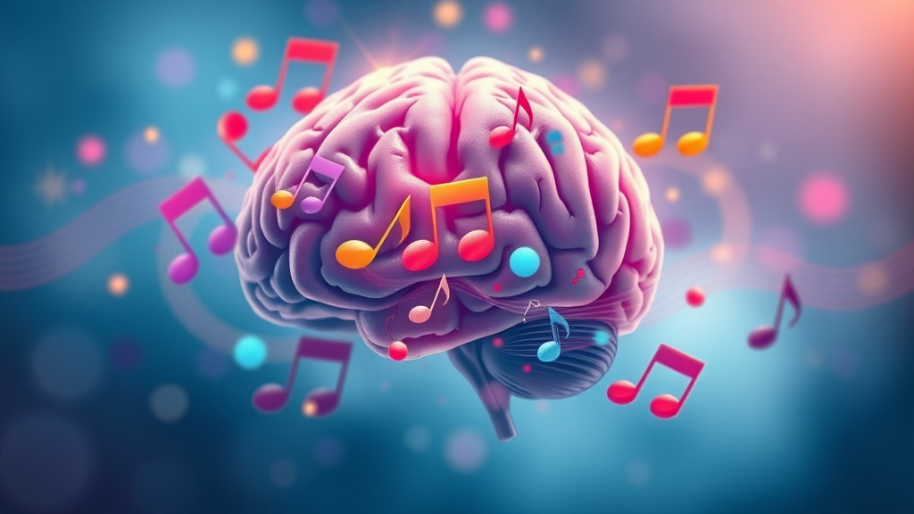 brain song - tranquil brain immersed in colorful musical notes, depicting creative brain activity, cinematic and ultra realistic