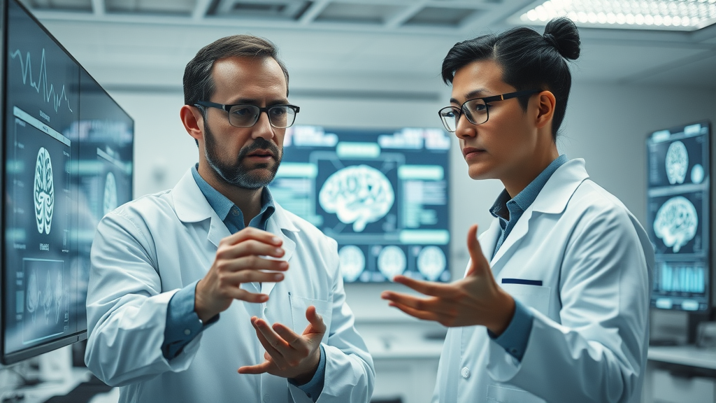 brain song - researchers analyzing brain activity data in a modern scientific laboratory, with digital brain scans, innovative high-tech environment