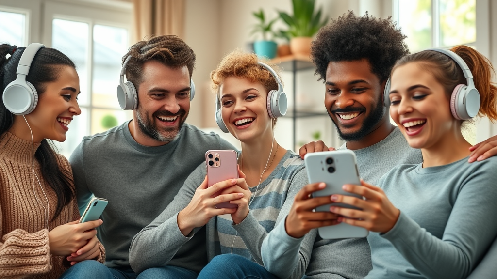 brain song - diverse users enjoying music, interacting with a brain song mobile app, vibrant and high-tech environment