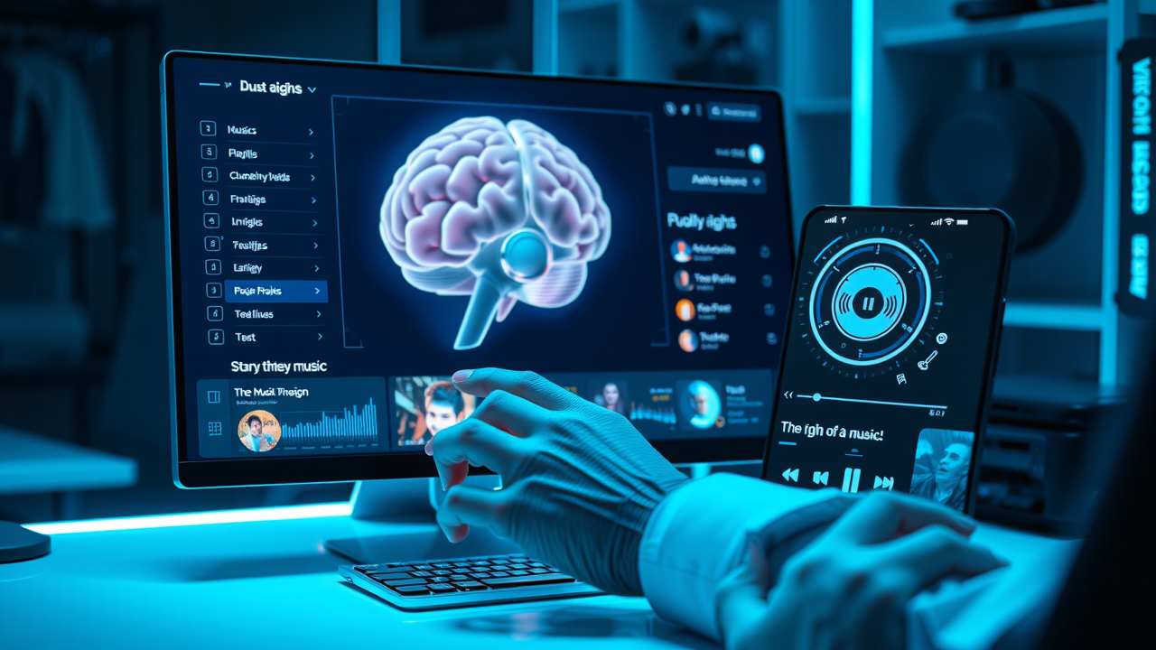 brain song - sleek music brain app UI on desktop and mobile, futuristic and interactive digital interface