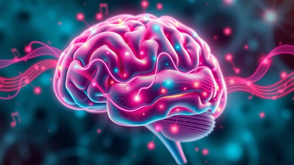 brain song - dynamic brain with colorful musical waves, active neural pathways, showing interplay of sound and cognition