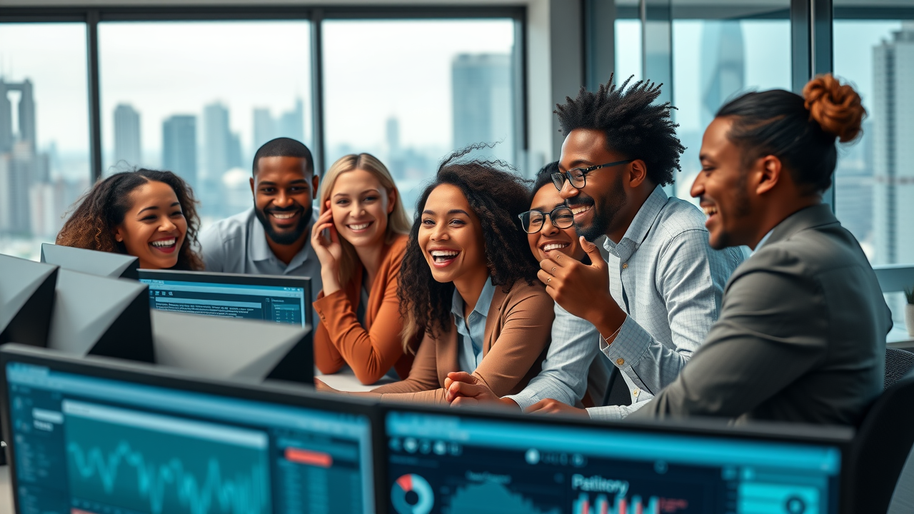 media sites benefits - diverse digital marketers collaborating around data dashboards in a modern workspace