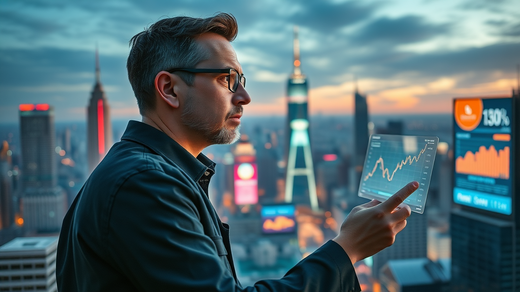 media trends - visionary digital strategist analyzing future of media sites benefits in a futuristic landscape