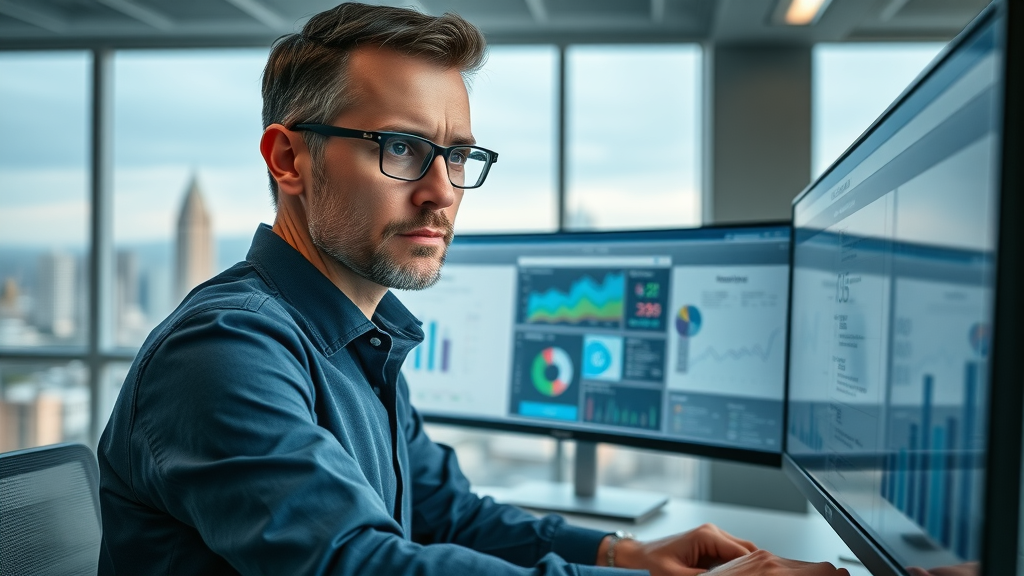 Marketing manager in San Diego reviewing blog success benchmarks on an analytics dashboard with real-time performance charts.