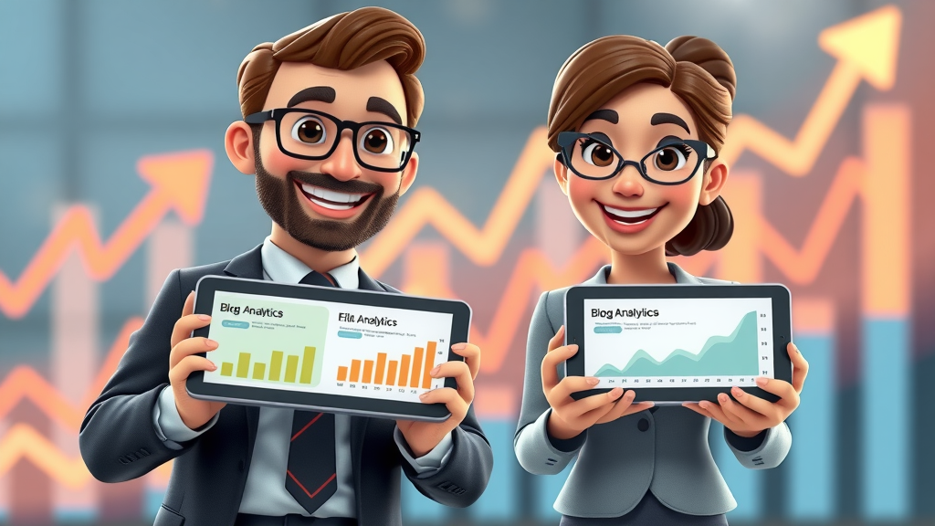 Business leaders holding tablets with blog analytics, showing growth and positive trends, cartoon-style with animated arrows.