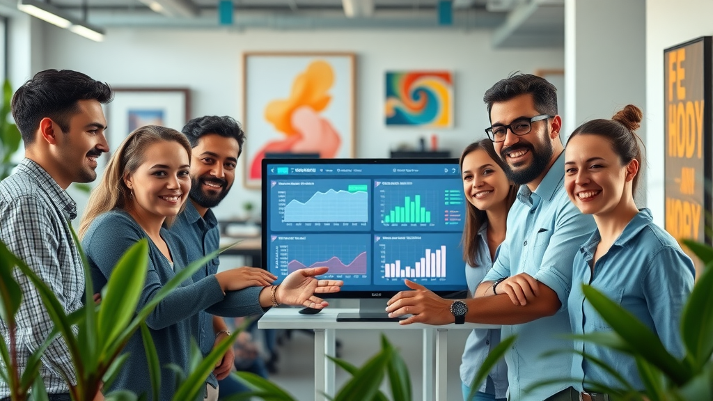 diverse startup team collaborating around an AI dashboard | startups and small businesses