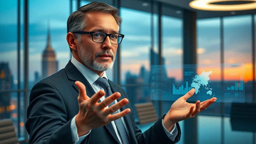 confident interim CEO presenting AI strategy with holographic charts | interim ceo cindy torres