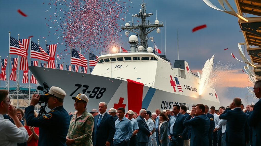 launch ceremony, Coast Guard ship, officials and crowd, celebration at Pascagoula shipyard