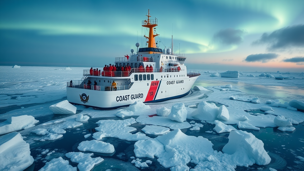 powerful Coast Guard icebreaker, crew in arctic gear, polar security cutter in wintry landscape