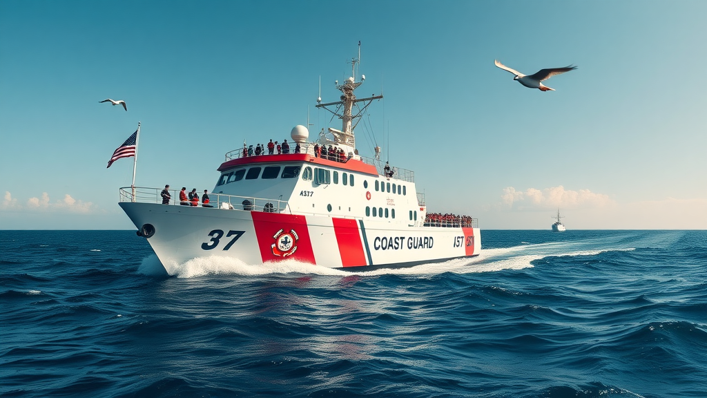 sleek Coast Guard ship in active duty, open sea, crew on deck, Pascagoula-built vessel