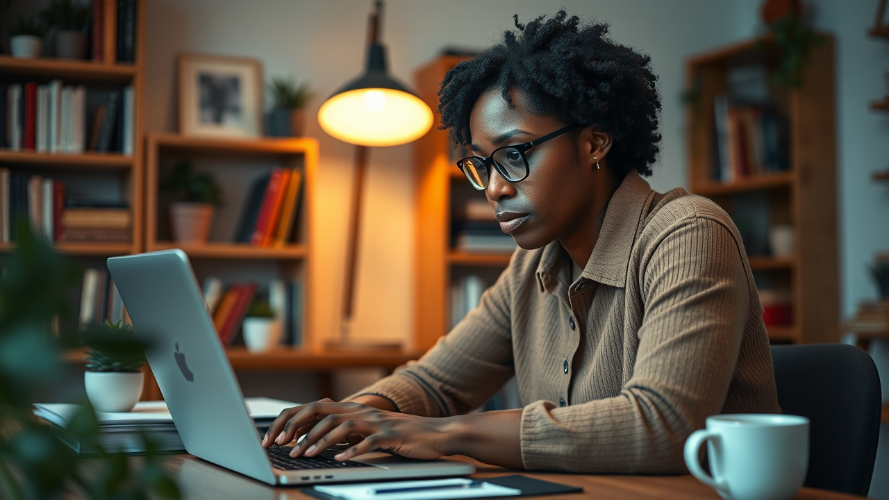 educational blogging - inspiring educator with thoughtful expression typing on a laptop in home office with bookshelves and cozy lamplight
