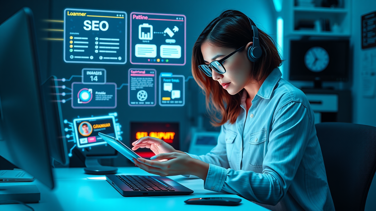 organized desktop workspace for educational blogging tools, blogger reviewing digital apps for SEO, grammar, and images, futuristic high-tech style