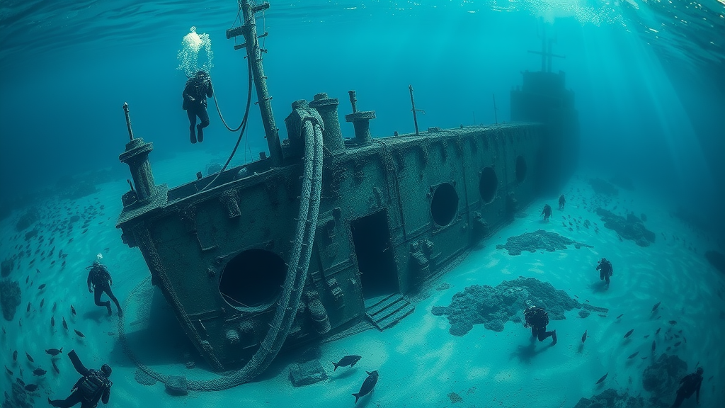 underwater shipwreck USS San Diego, divers exploring sunken navy ship, San Diego wreck marine life, blue ocean shipwreck site