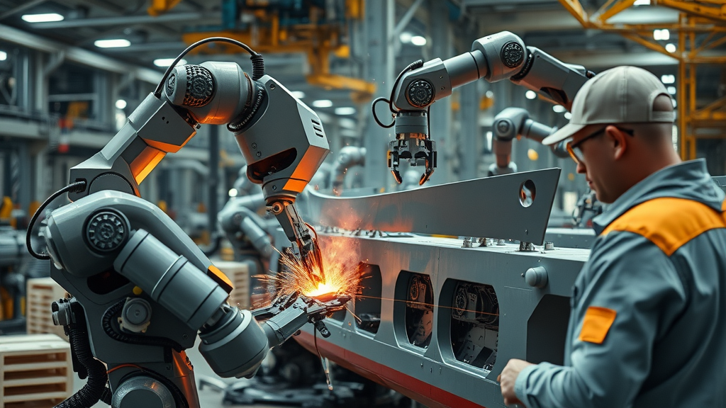 advanced robotic arms welding a ship hull, showcasing automation in shipbuilding industry efficiency