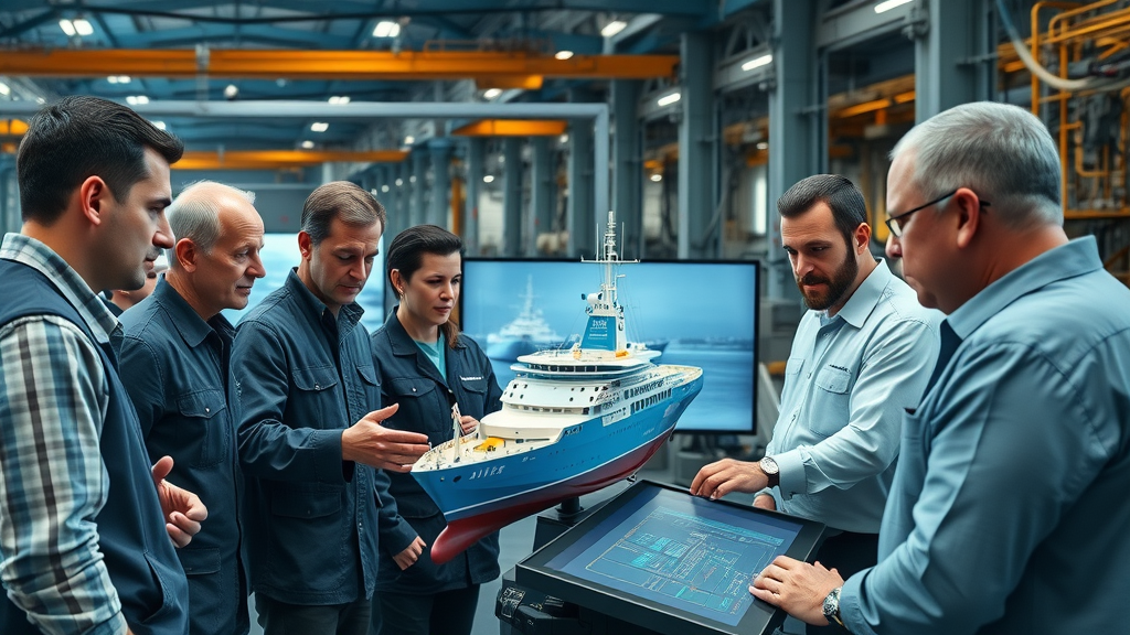European shipyard with engineers collaborating around a digital twin technology interface to improve shipbuilding efficiency
