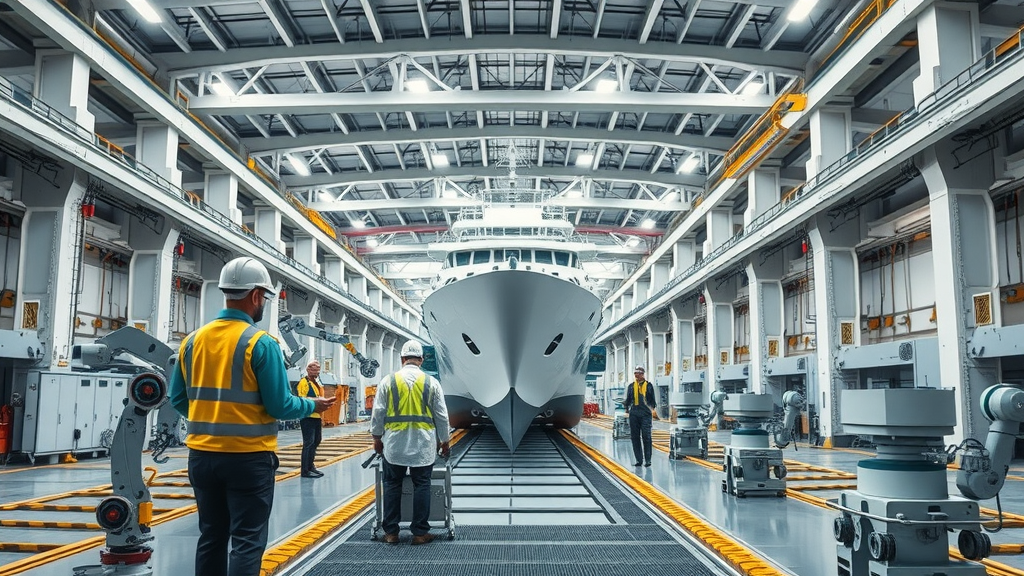 state-of-the-art shipbuilding facility focusing on quality control with inspectors and robots ensuring technology-driven safety