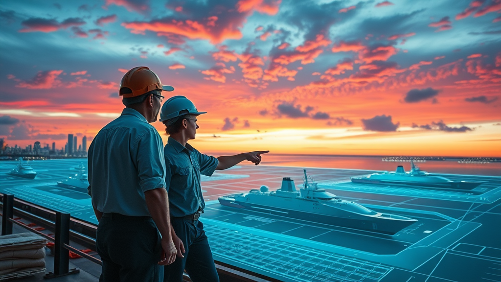ambitious futuristic shipyard, foreman and apprentice review digital ships, Gulf Coast sunset, innovatively designed vessels