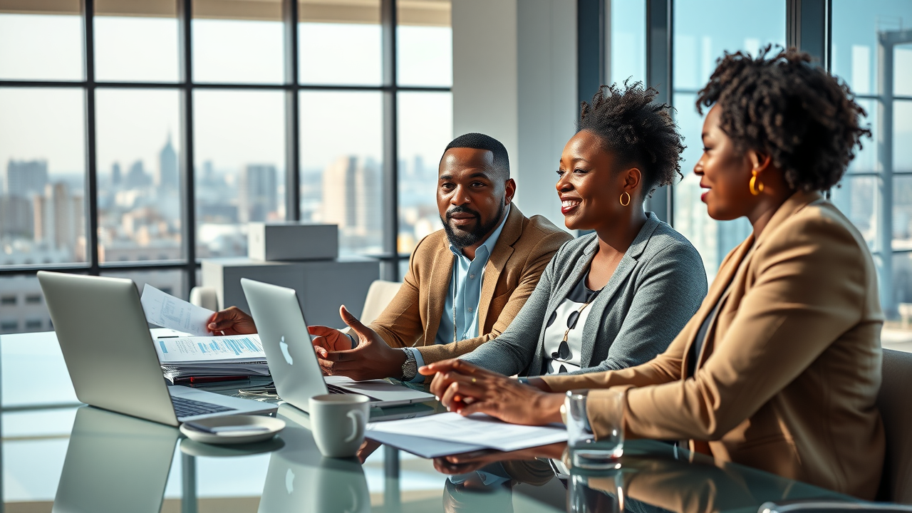 dynamic local business owners, enthusiastic, discussing new opportunities in a modern office, Gulf Coast skyline, laptops, charts, warm neutral earth colors