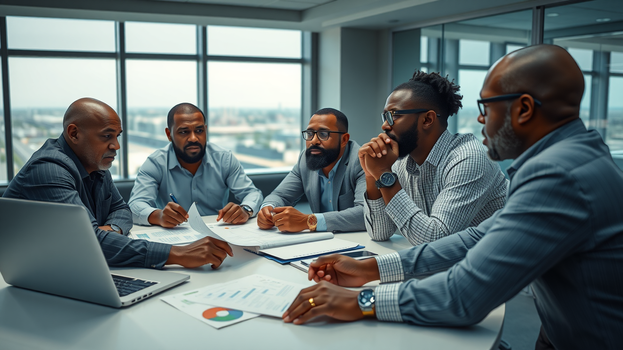 concerned local business leaders and labor managers, focused, reviewing future projections and risk data, modern conference room with Gulf Coast views, charts, laptops, and concerned expressions