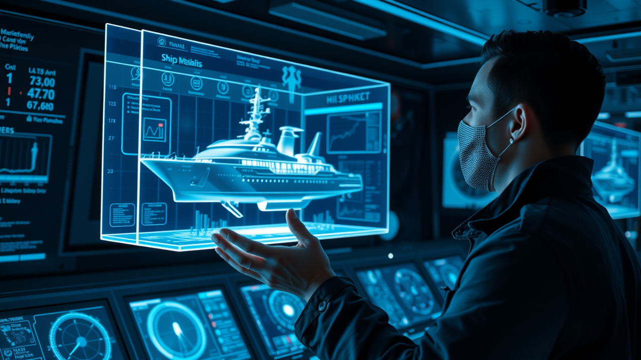 Immersive digital twin interface showing 3D naval ship model at Austal USA mobile shipyard