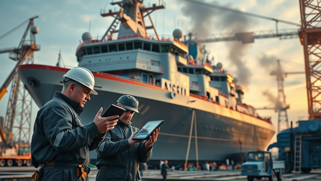 Large naval vessel under construction at mobile shipyard with digital twin technology, Alabama Gov support